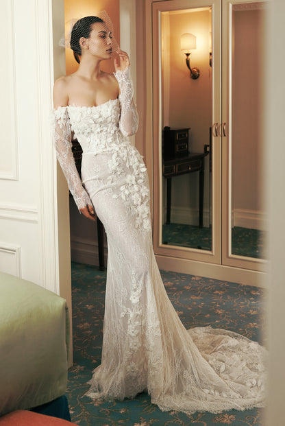 Milinda Trumpet/Mermaid Off-shoulder/Drop shoulders Milk Wedding dress