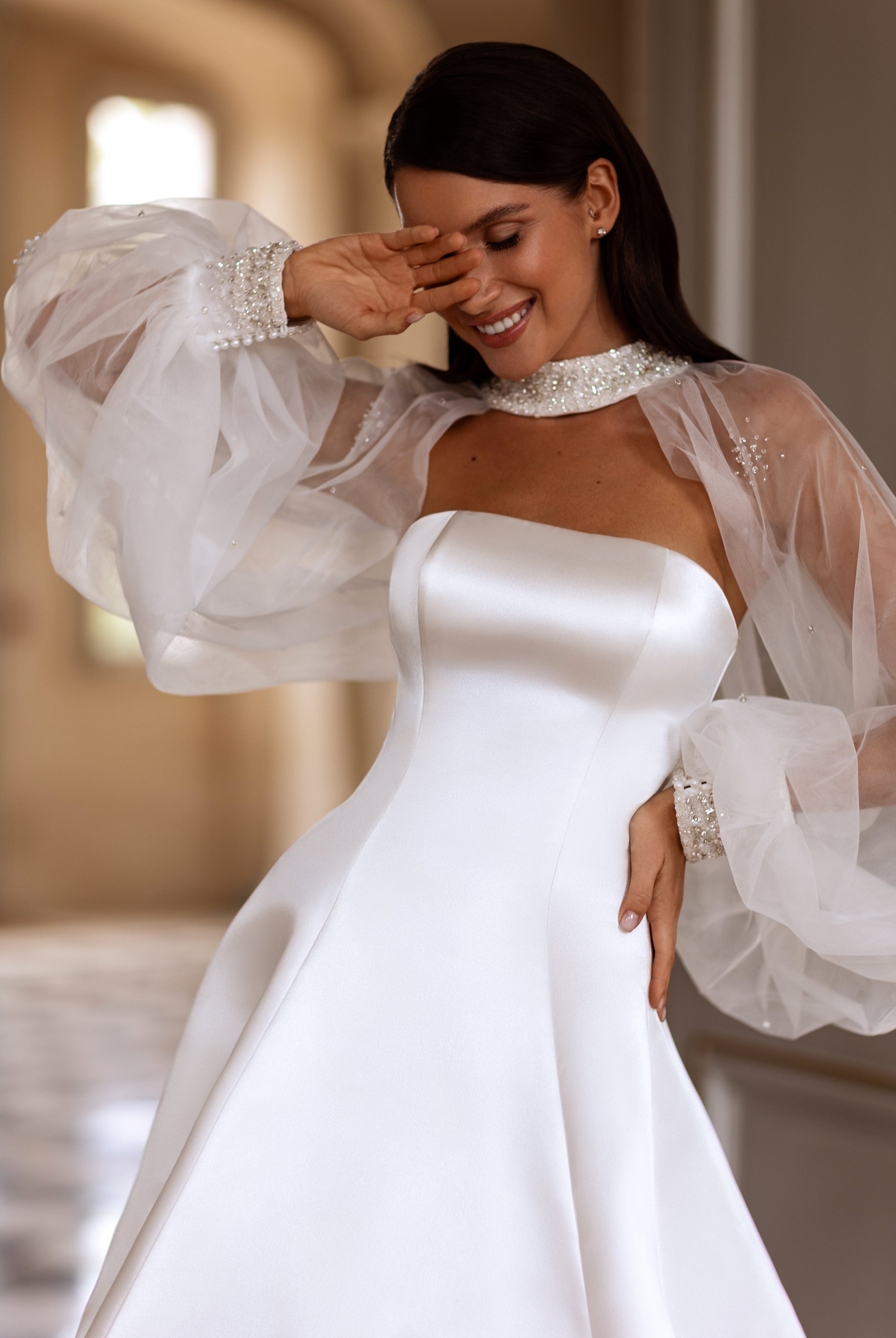 Jade-Marie A-line Straight across Milk Wedding dress