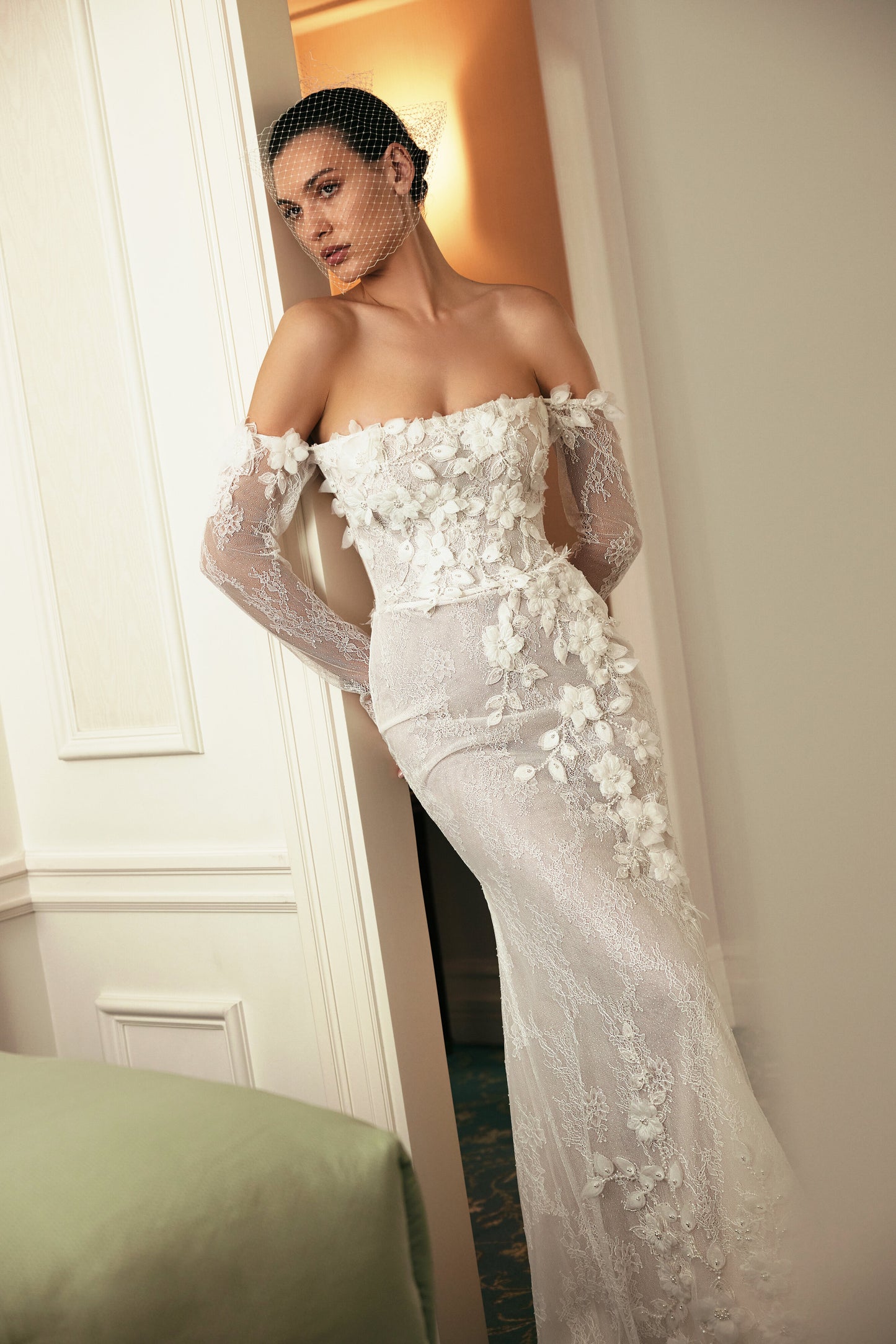 Milinda Trumpet/Mermaid Off-shoulder/Drop shoulders Milk Wedding dress