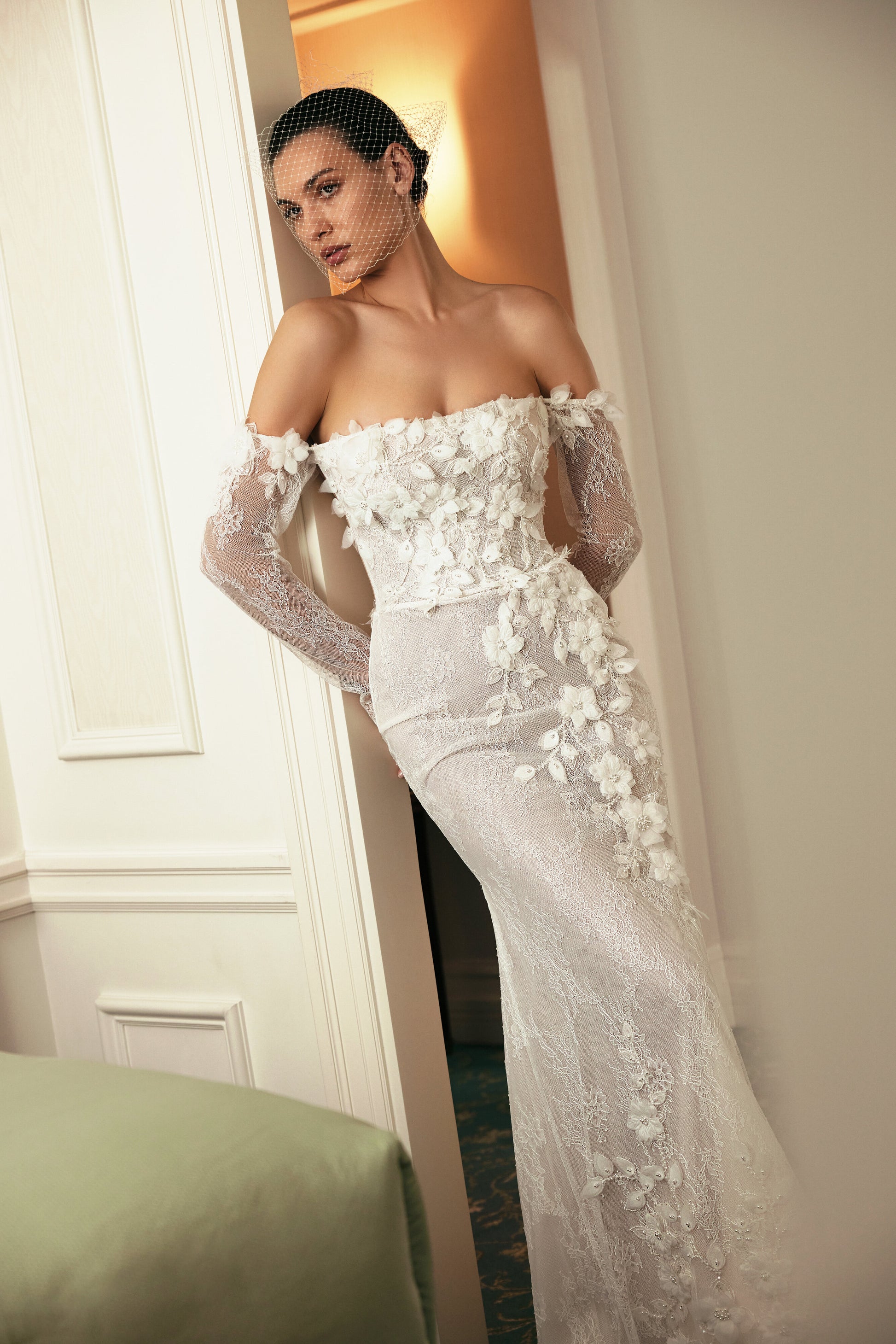 Milinda Trumpet/Mermaid Off-shoulder/Drop shoulders Milk Wedding dress