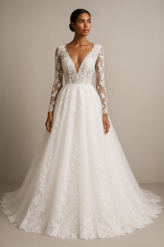 Isoria A-line Deep V-neck Milk Wedding dress