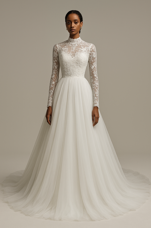 Sincere A-line High neck Milk Wedding dress
