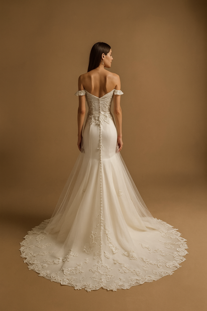Kiara Trumpet/Mermaid Off-shoulder/Drop shoulders Milk Wedding dress