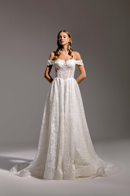 Oliva A-line Off-shoulder/Drop shoulders Milk Wedding dress