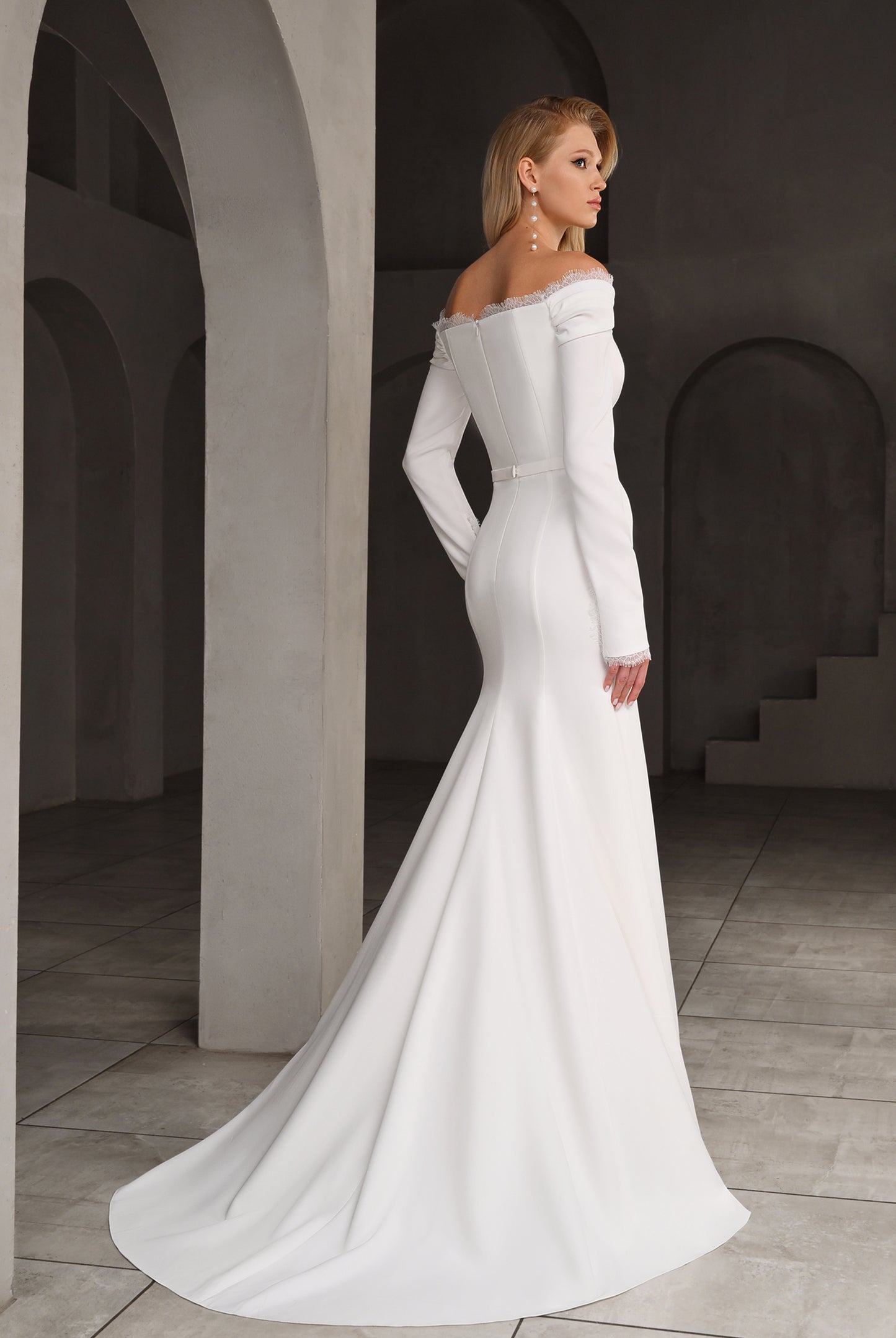 Stelle Trumpet/Mermaid Off-shoulder/Drop shoulder Milk Wedding dress