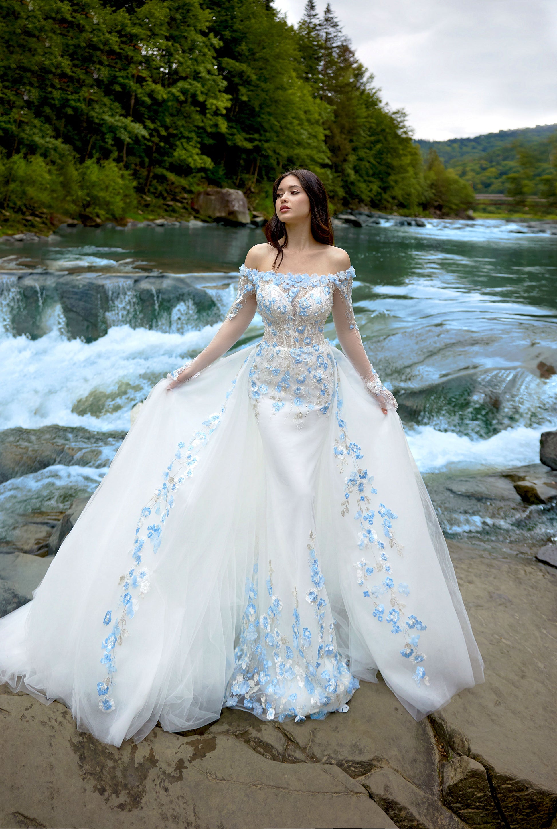 Albine Trumpet/Mermaid Drop shoulders/Off-shoulder Milk/Light blue Wed