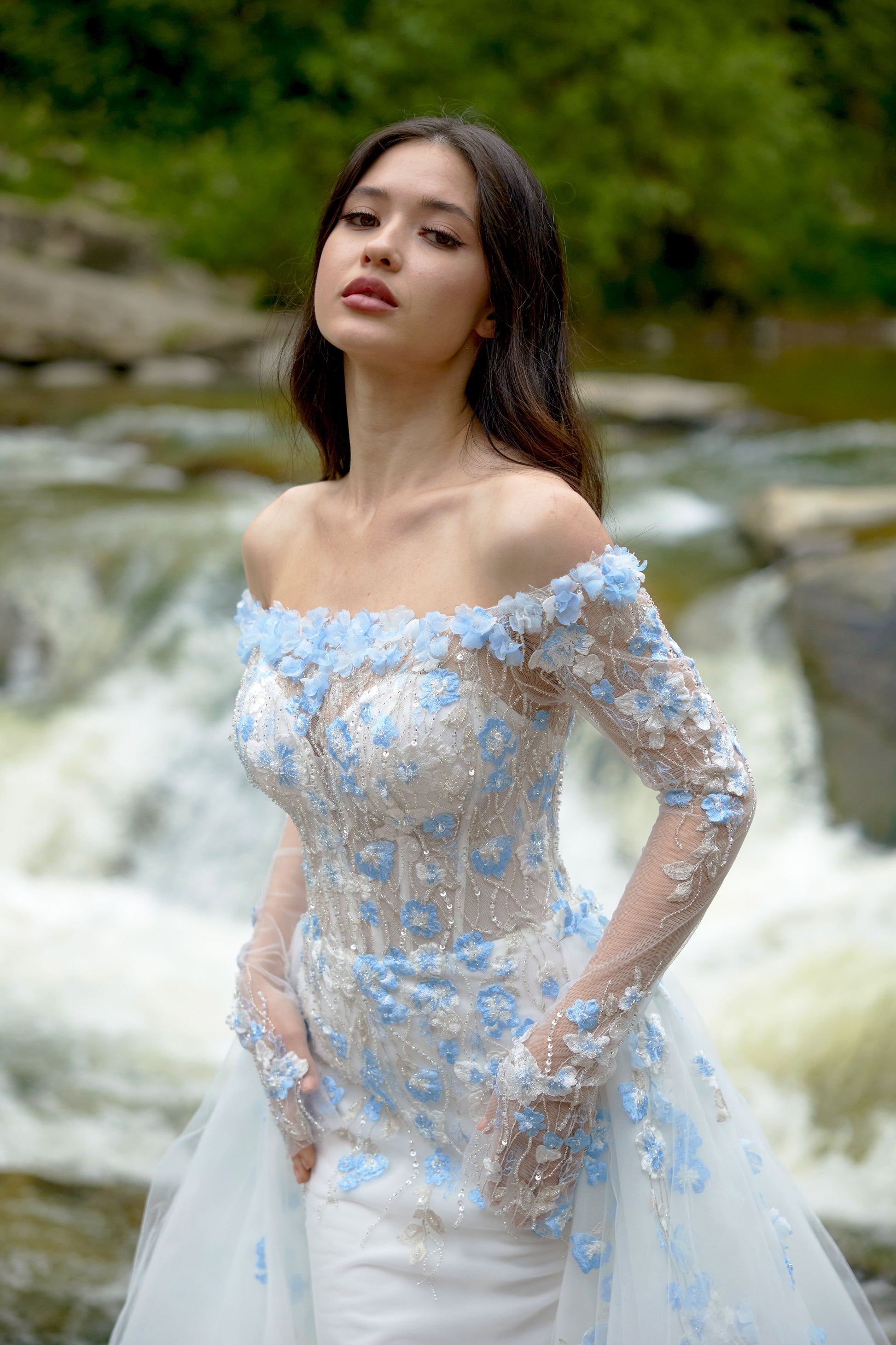 Albine Trumpet/Mermaid Drop shoulders/Off-shoulder Milk/Light blue Wed