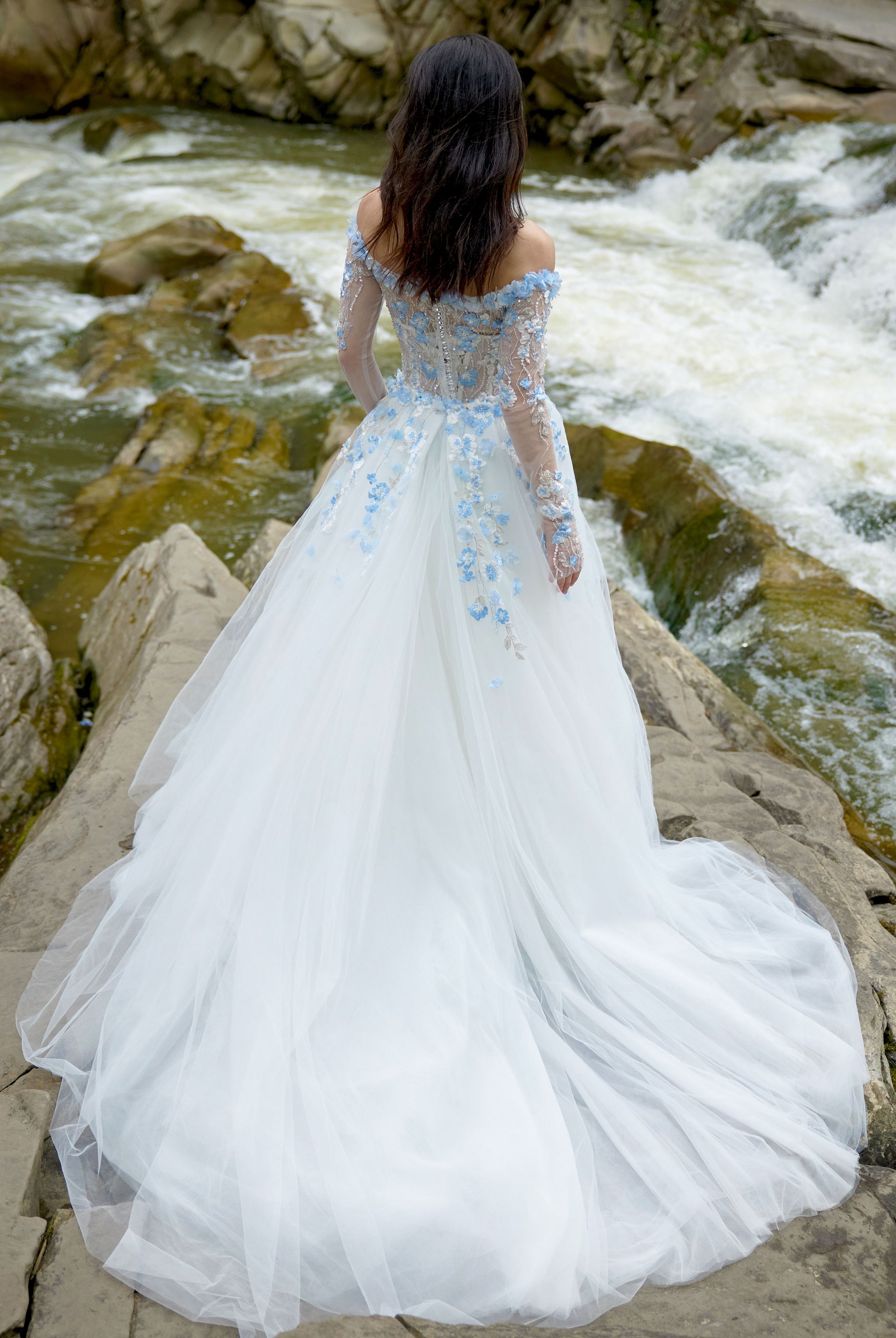 Albine Trumpet/Mermaid Drop shoulders/Off-shoulder Milk/Light blue Wed