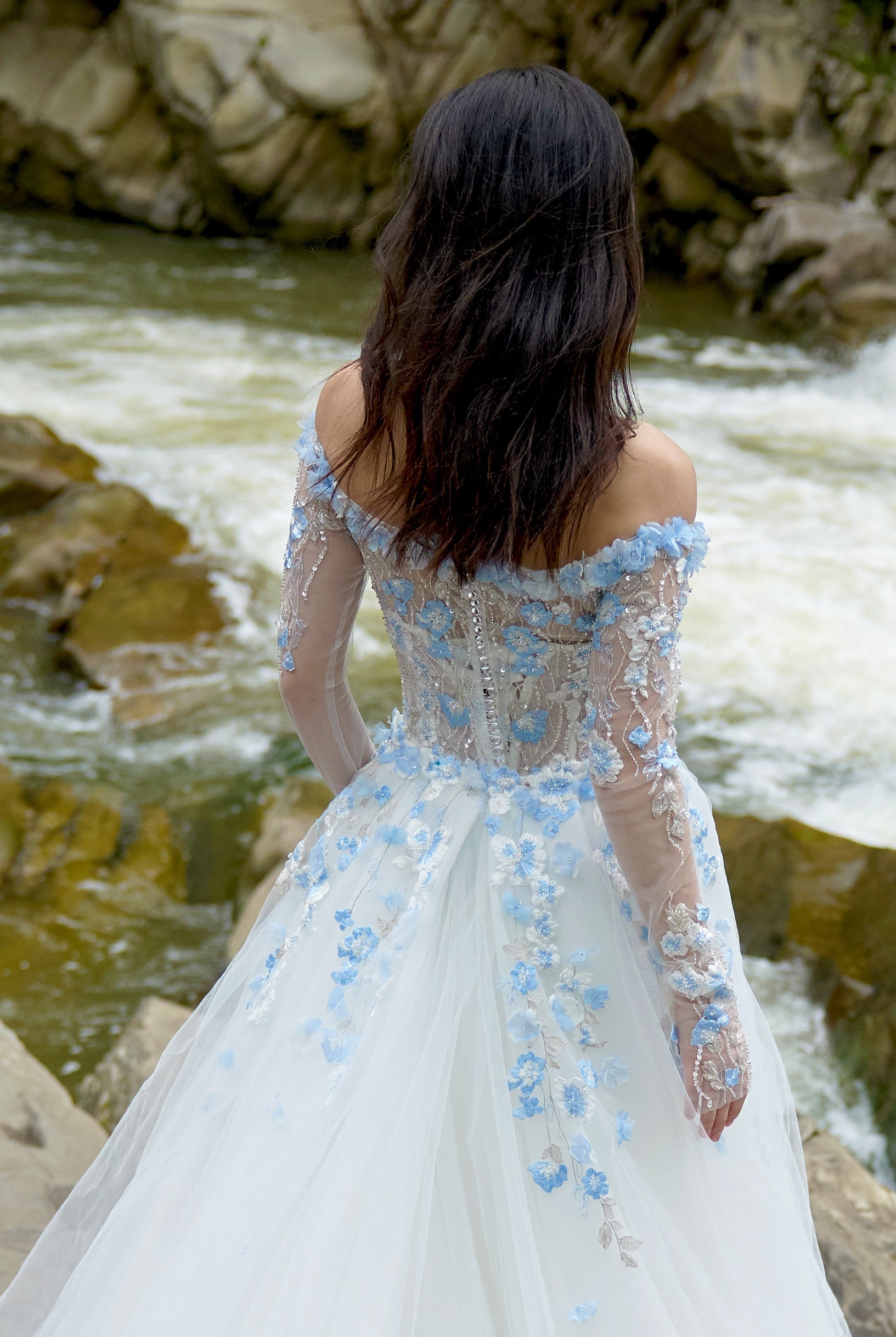 Albine Trumpet/Mermaid Drop shoulders/Off-shoulder Milk/Light blue Wed