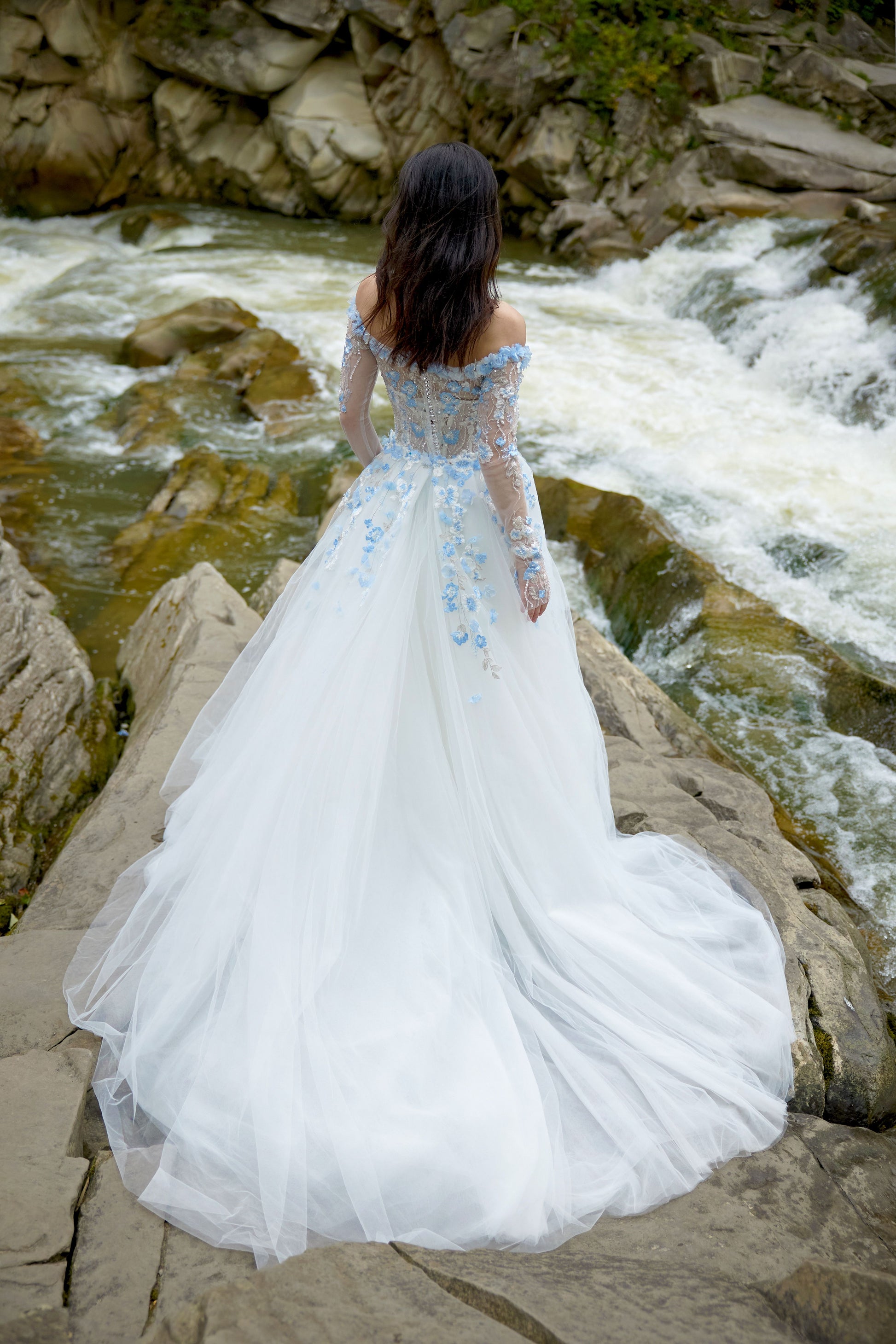 Albine Trumpet/Mermaid Drop shoulders/Off-shoulder Milk/Light blue Wed