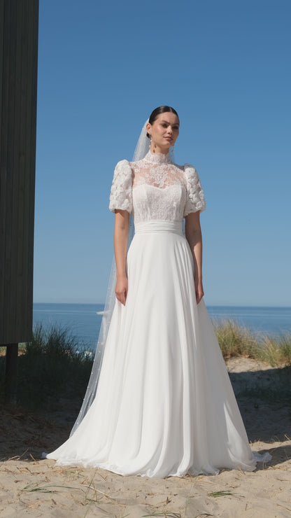 Oleandra A-line High neck Off White Wedding dress