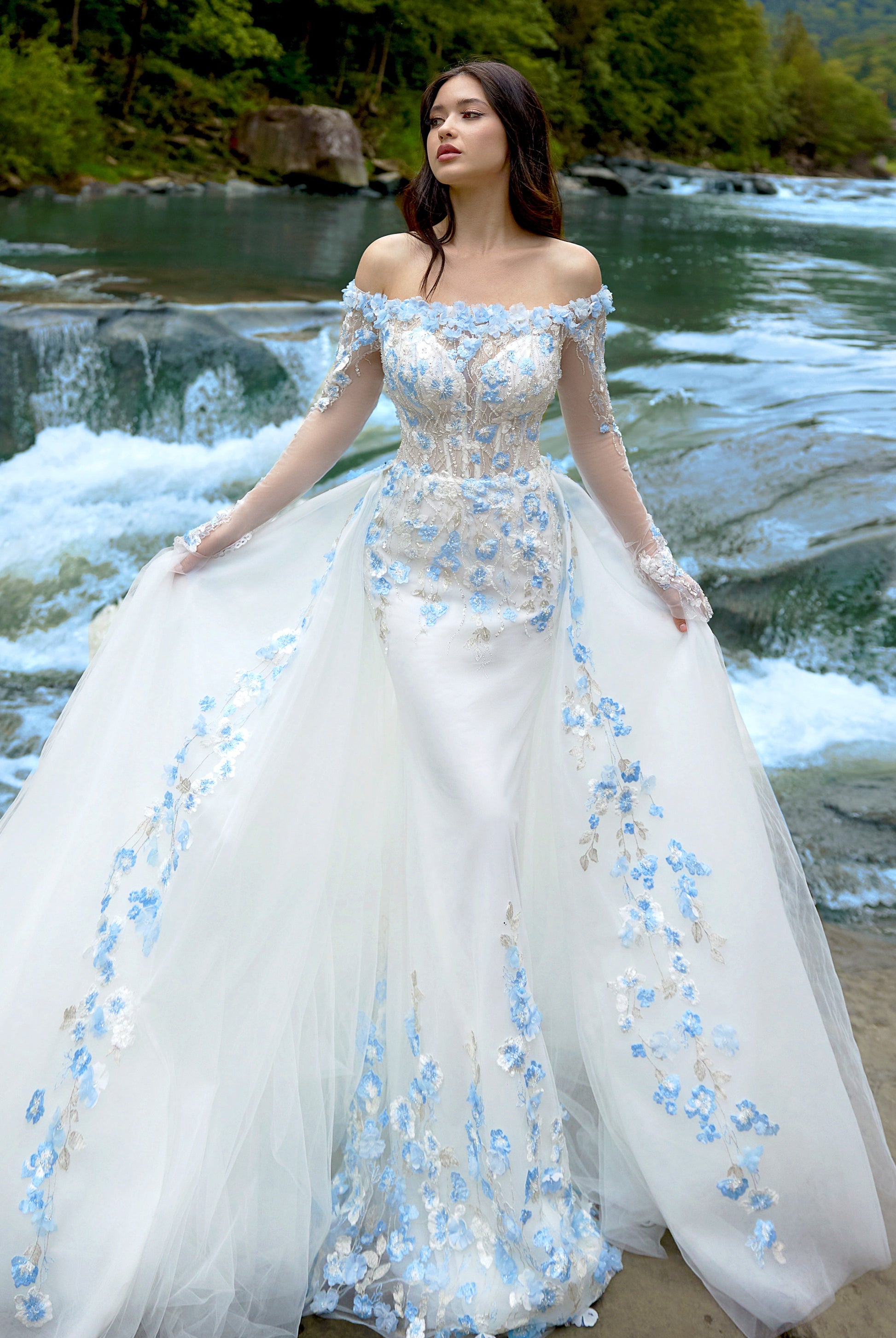 Albine Trumpet/Mermaid Drop shoulders/Off-shoulder Milk/Light blue Wed