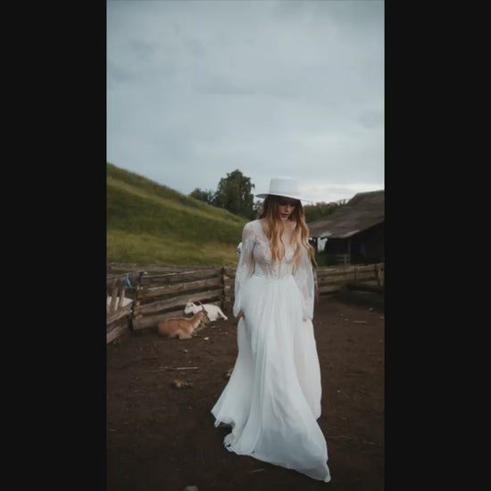 Stefanie A-line Deep V-neck Ivory Nude Wedding dress
