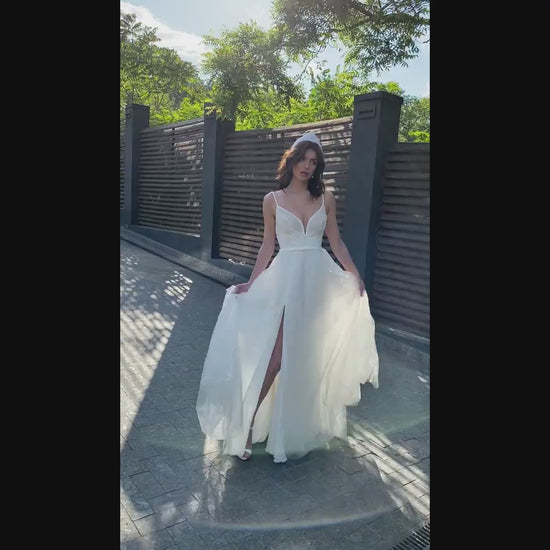 Glossy A-line V-neck Milk Wedding dress
