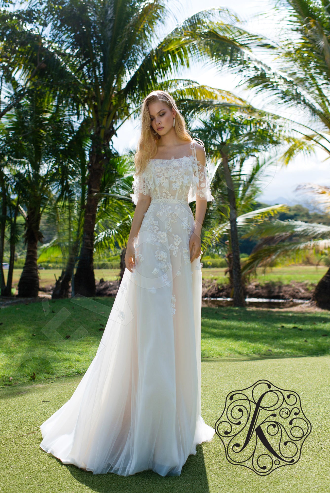 Dafna A-line Off-shoulder/Drop shoulders Milk Latte Wedding dress