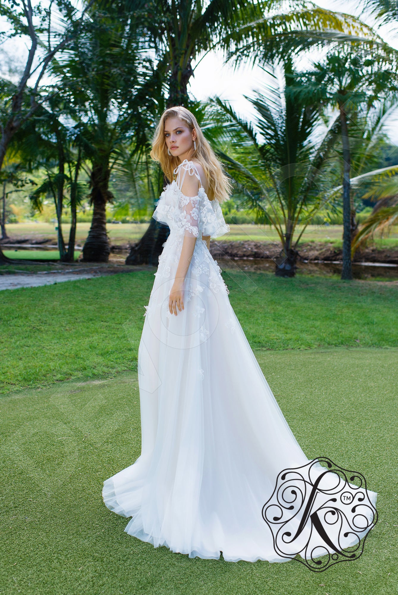 Dafna A-line Off-shoulder/Drop shoulders Milk Latte Wedding dress