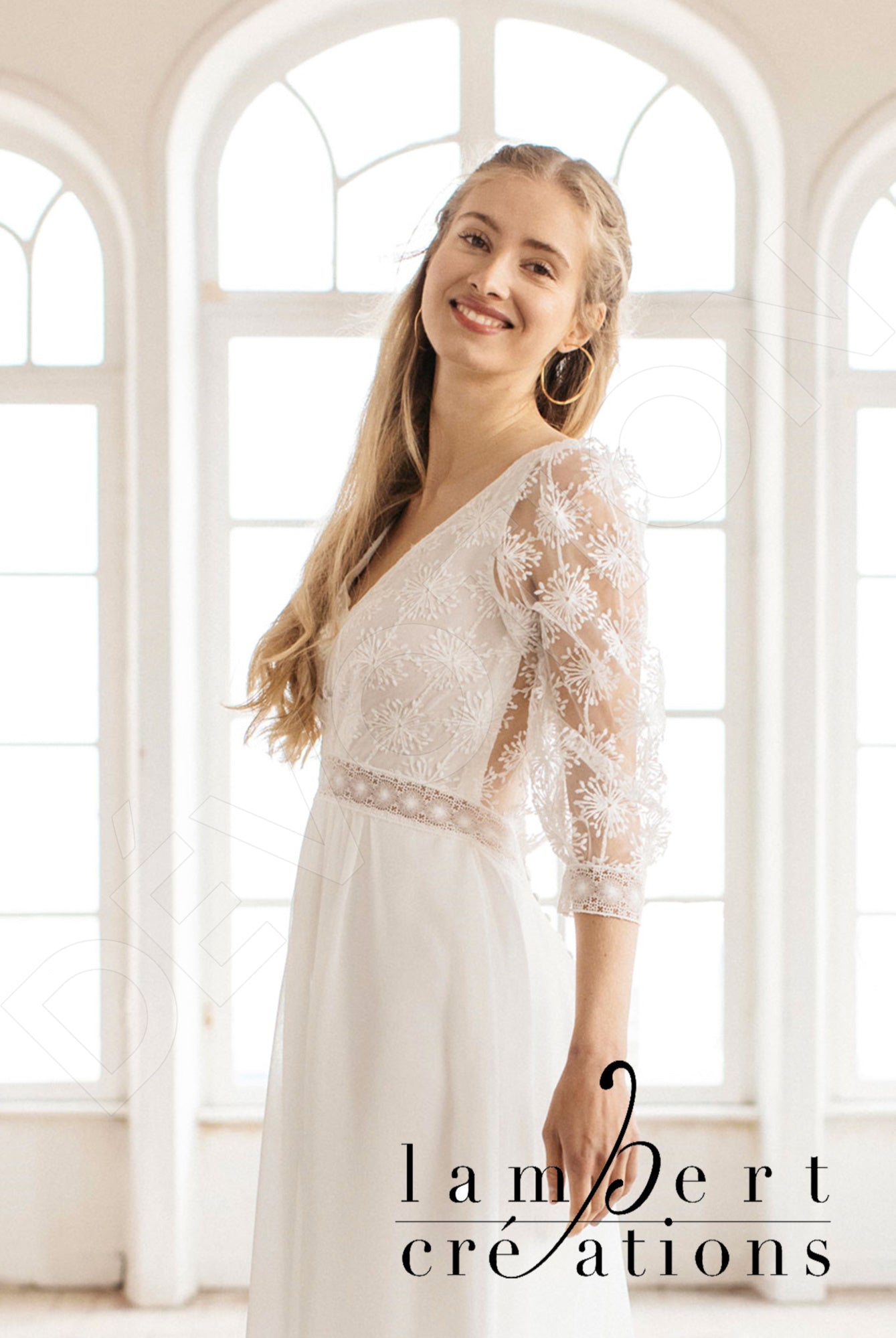 Flocon Open back A-line 3/4 sleeve Wedding Dress 9