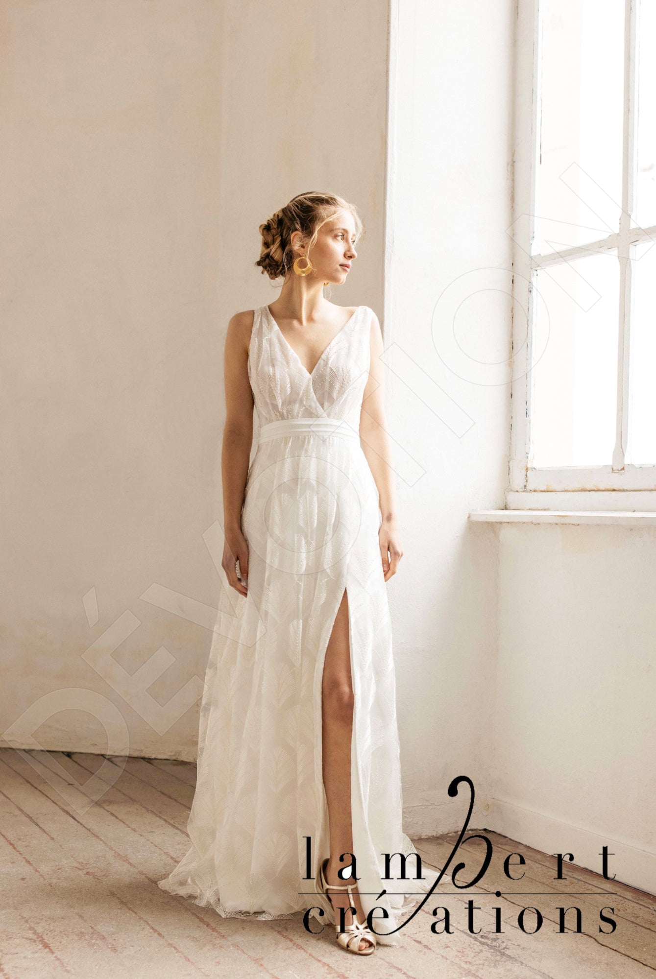 Plume A-line V-neck Ivory Wedding dress