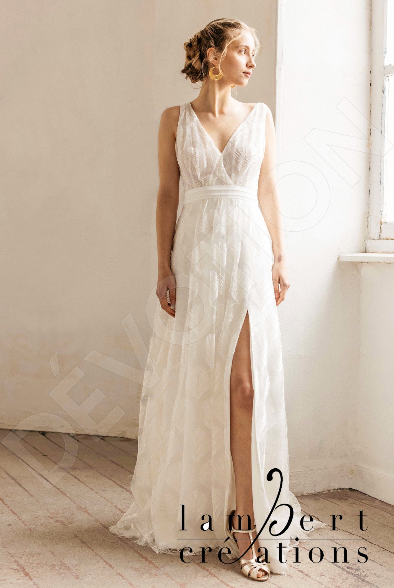 Plume A-line V-neck Ivory Wedding dress
