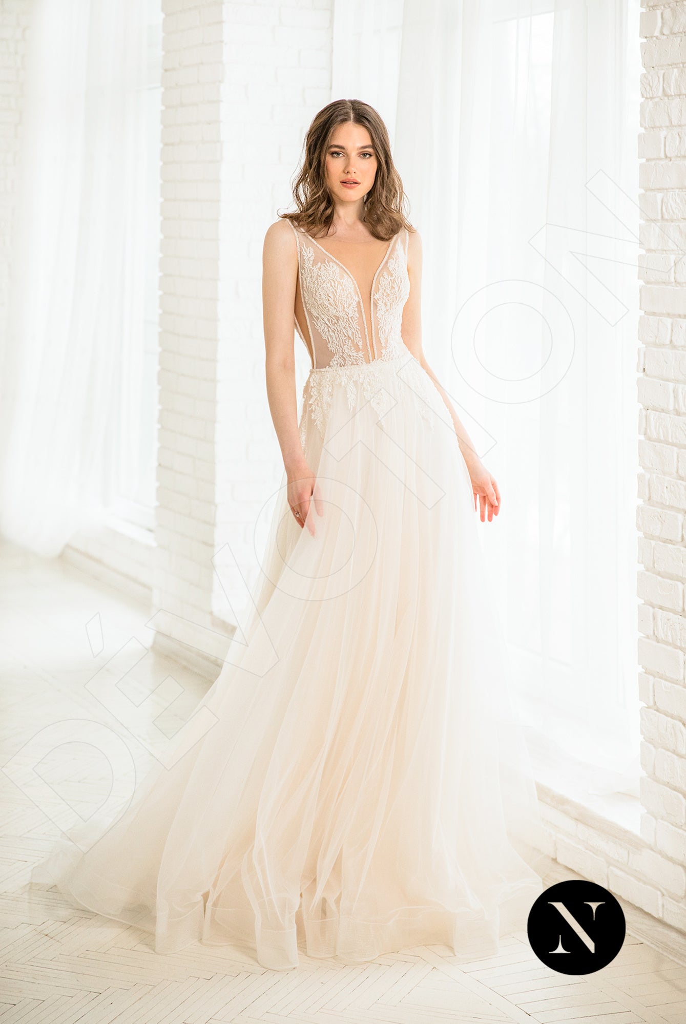 Lessie A-line Deep V-neck Milk Peach Wedding dress