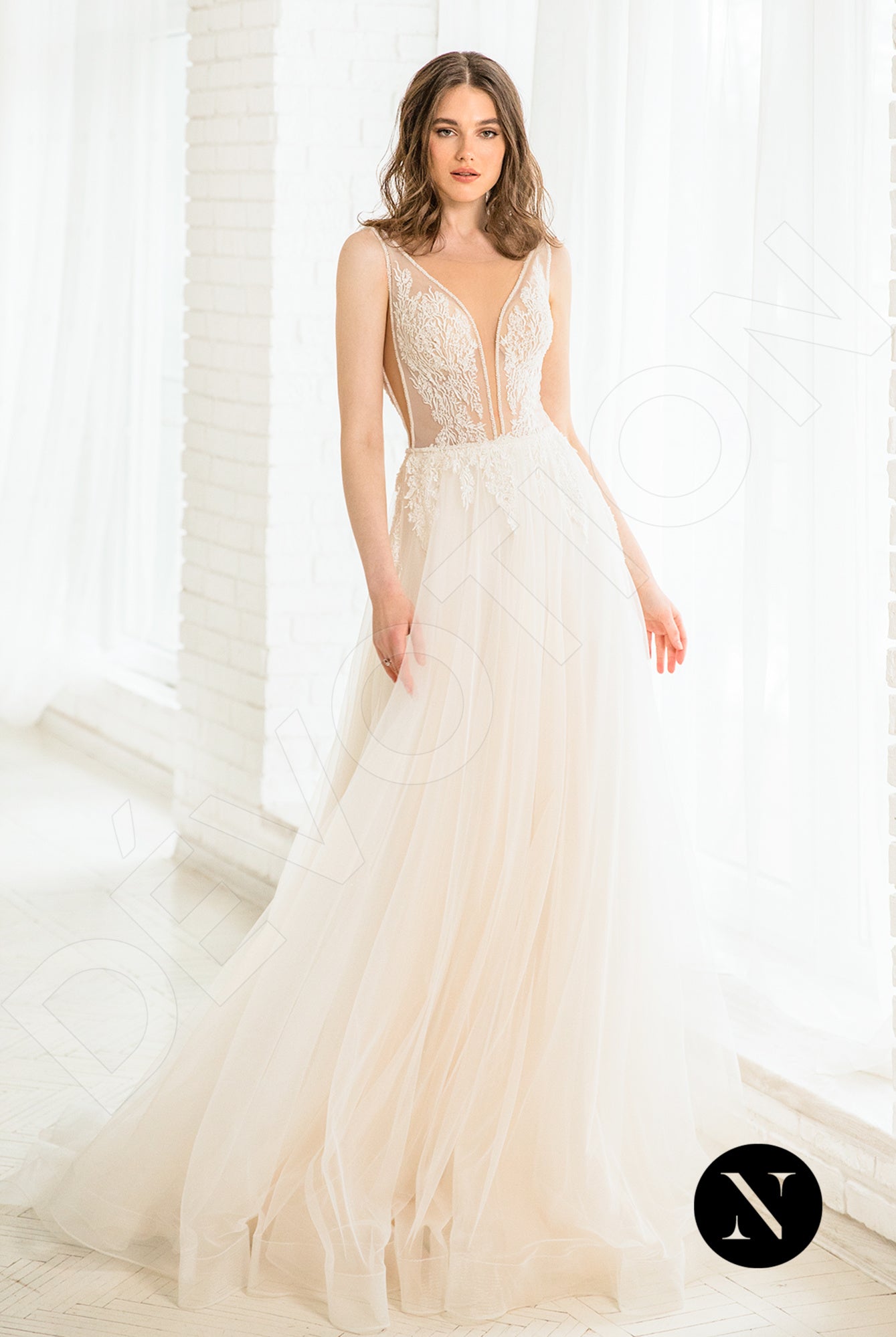 Lessie A-line Deep V-neck Milk Peach Wedding dress