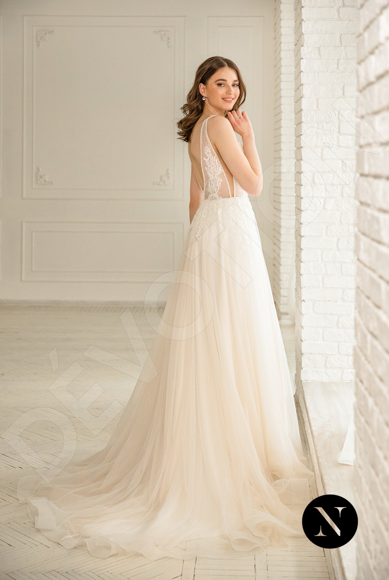 Lessie A-line Deep V-neck Milk Peach Wedding dress