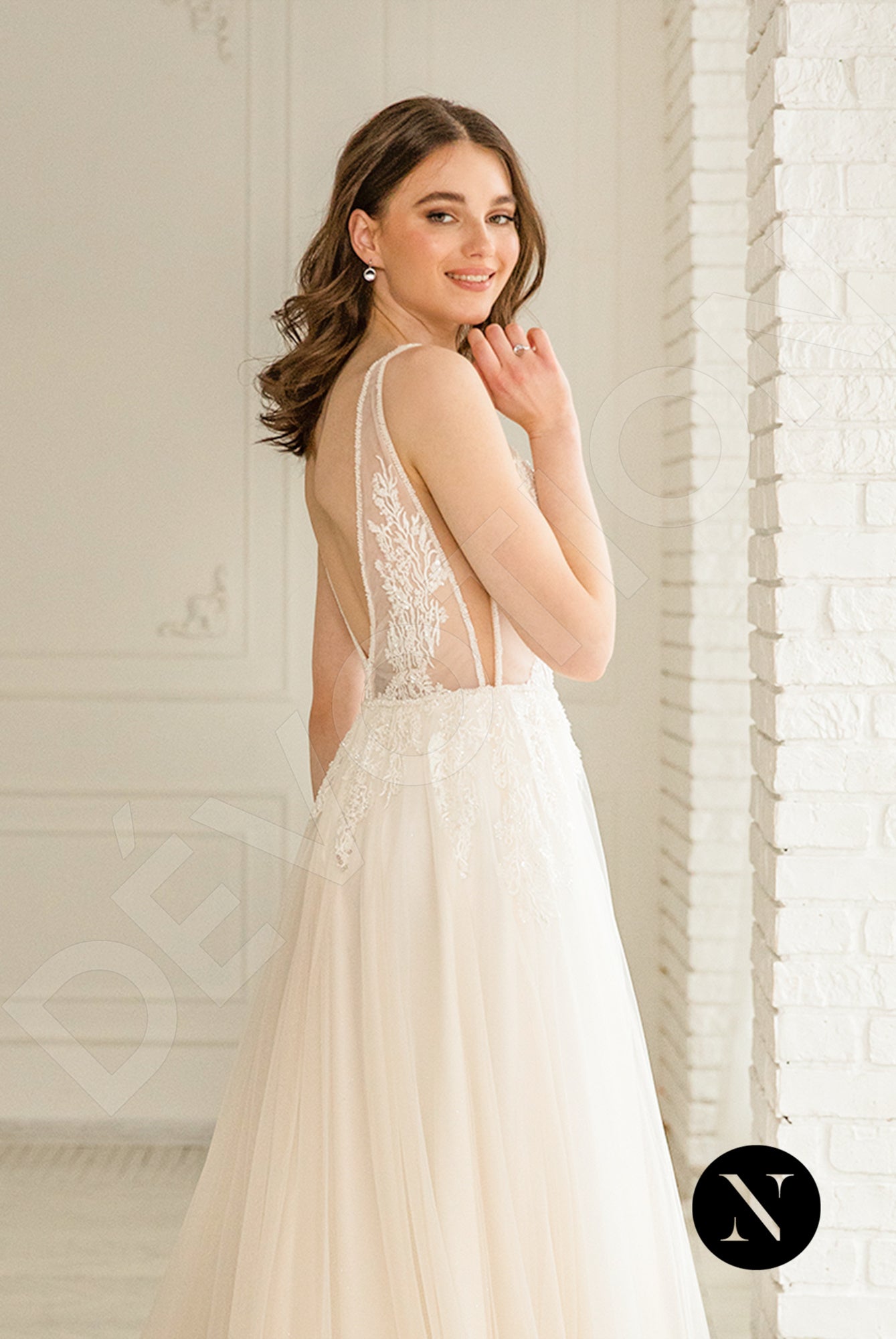 Lessie A-line Deep V-neck Milk Peach Wedding dress