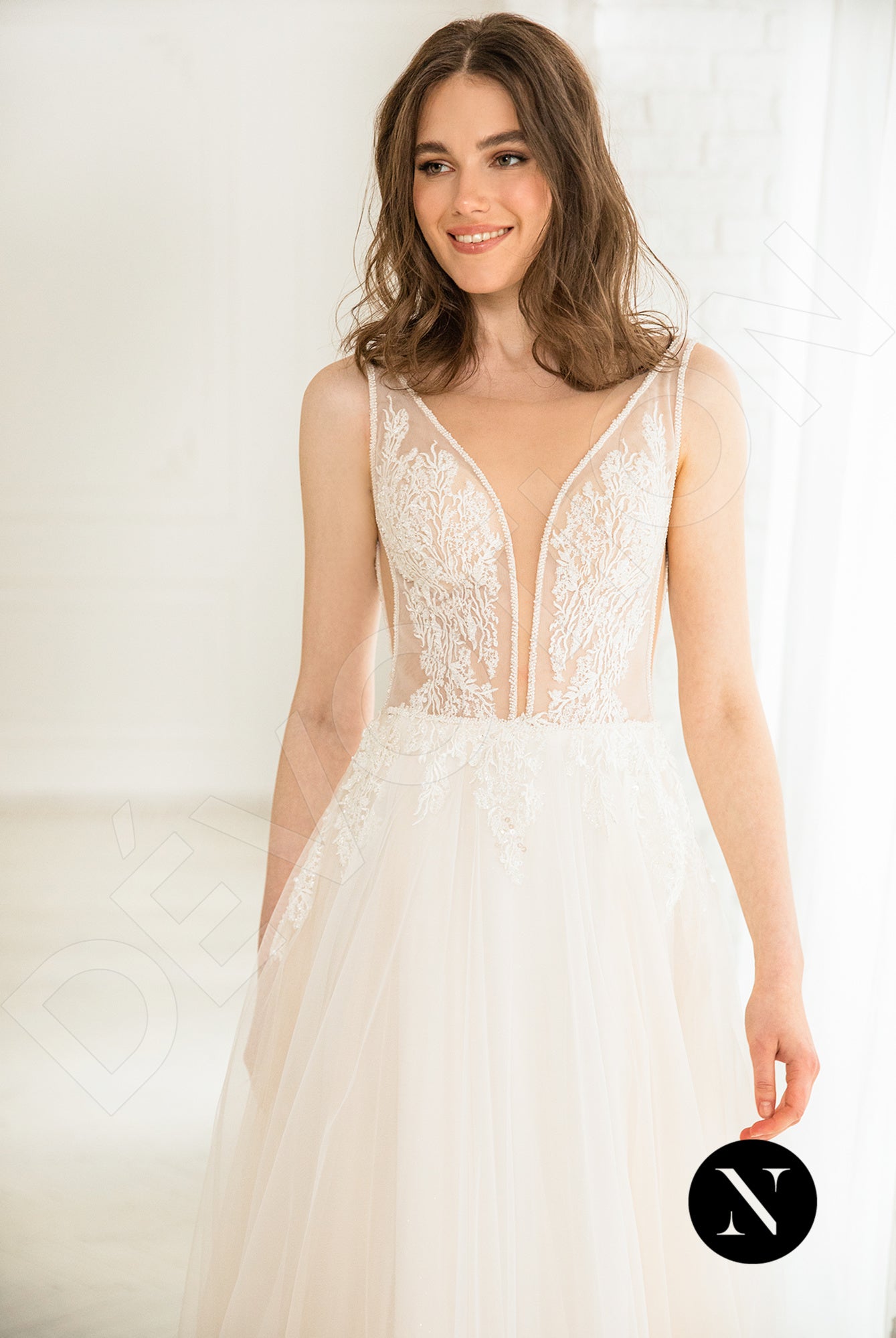 Lessie A-line Deep V-neck Milk Peach Wedding dress
