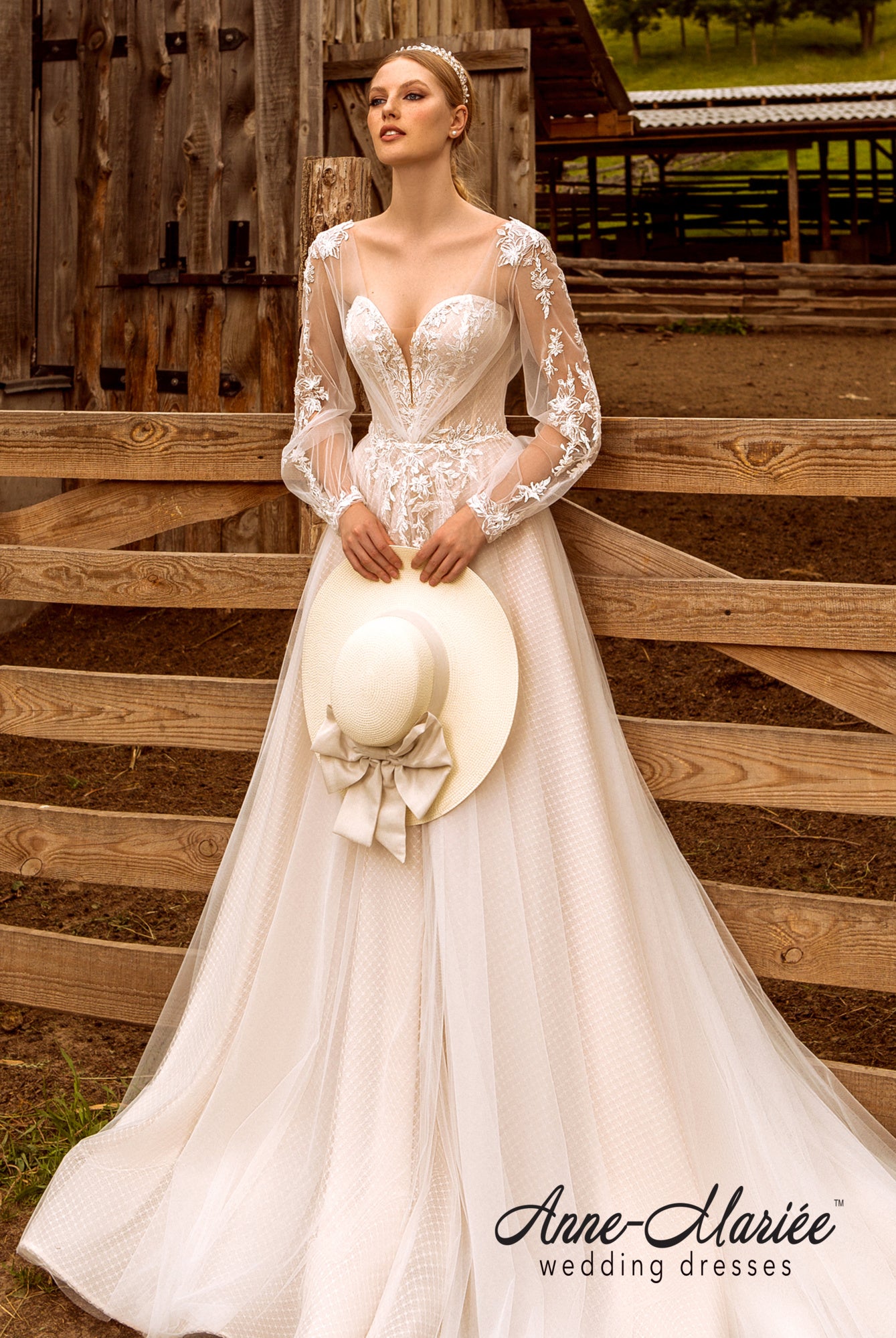 Elsy A-line Queen Anne Ivory Cappuccino Wedding dress