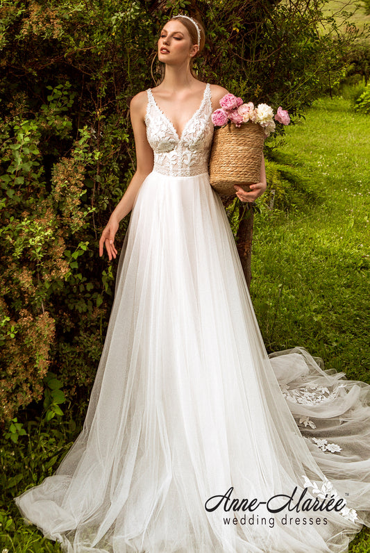 Irmana A-line Deep V-neck Ivory Wedding dress