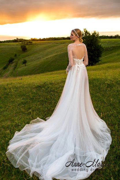 Odail Open back A-line Long sleeve Wedding Dress Back
