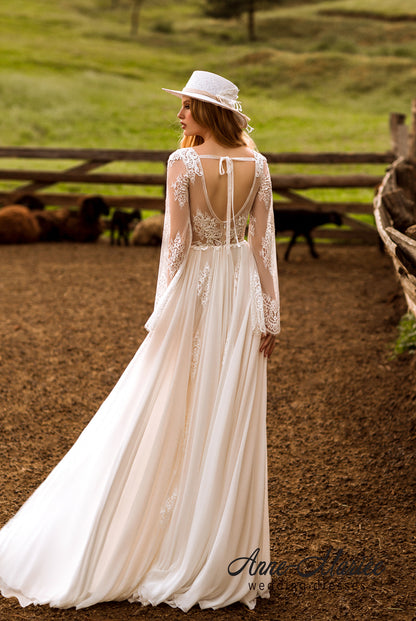 Stefanie Open back A-line Long sleeve Wedding Dress Back