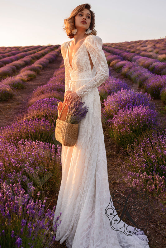 Lita A-line Deep V-neck Vanilla Wedding dress