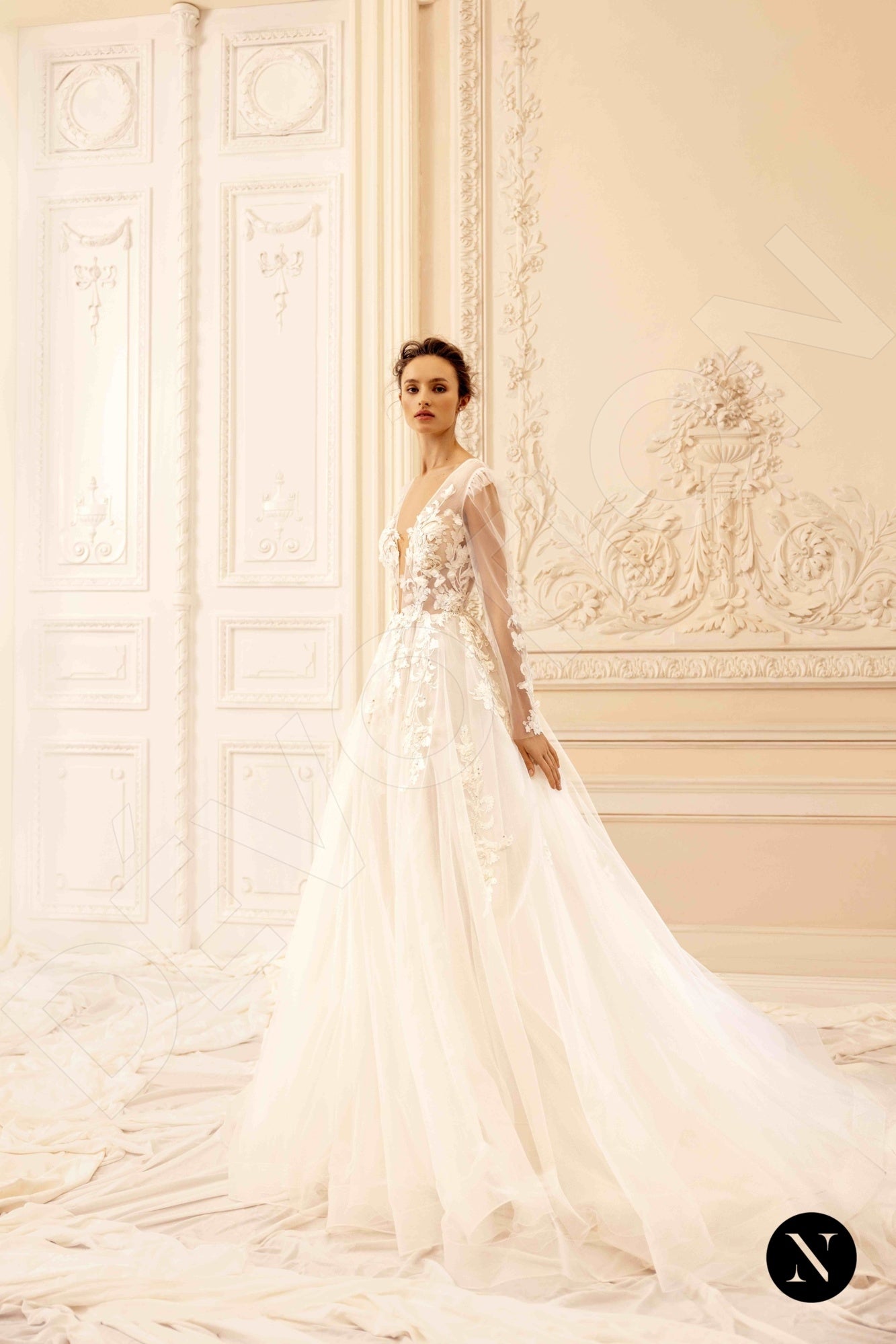 Mandys A-line Deep V-neck Ivory Nude Wedding dress
