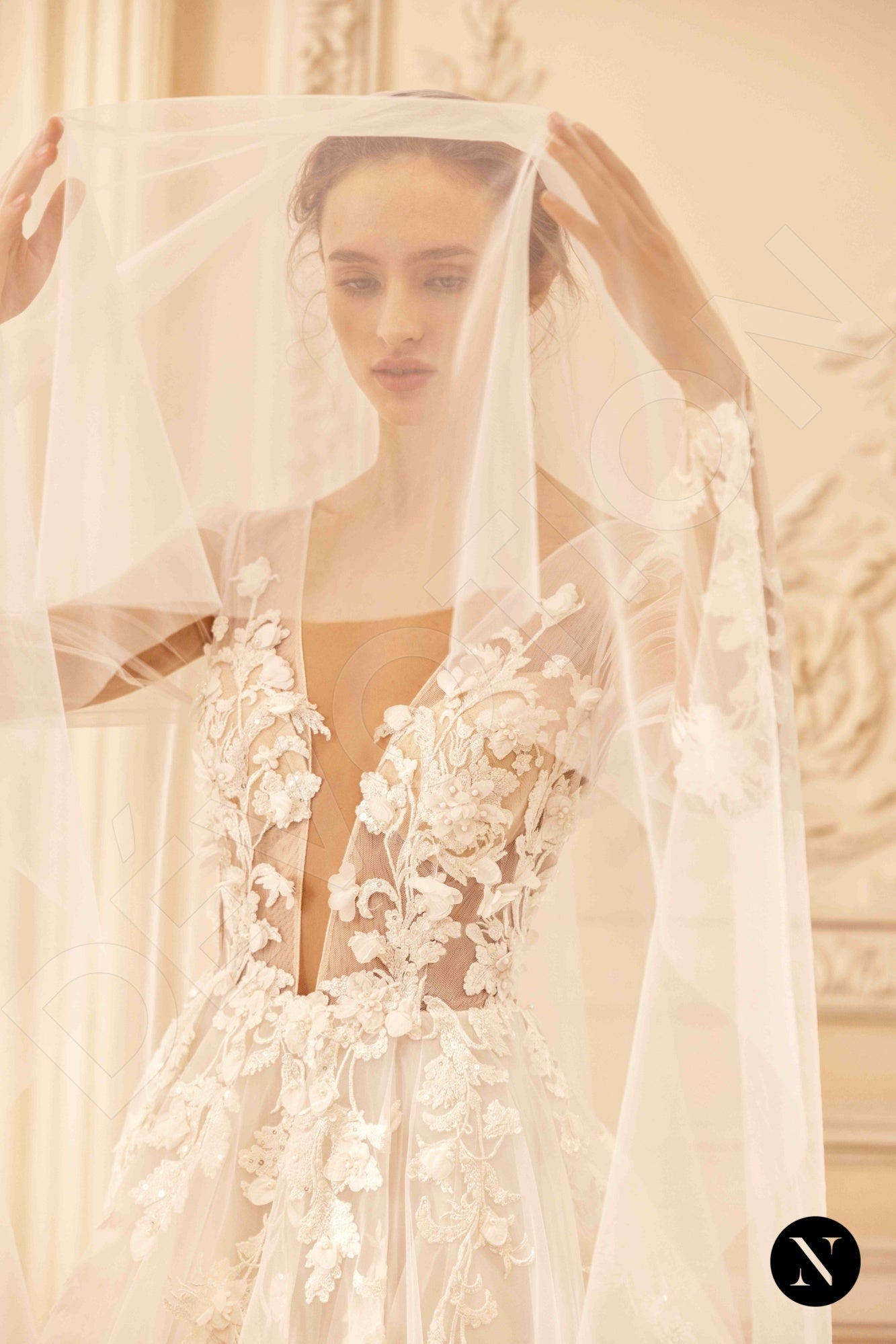 Mandys A-line Deep V-neck Ivory Nude Wedding dress