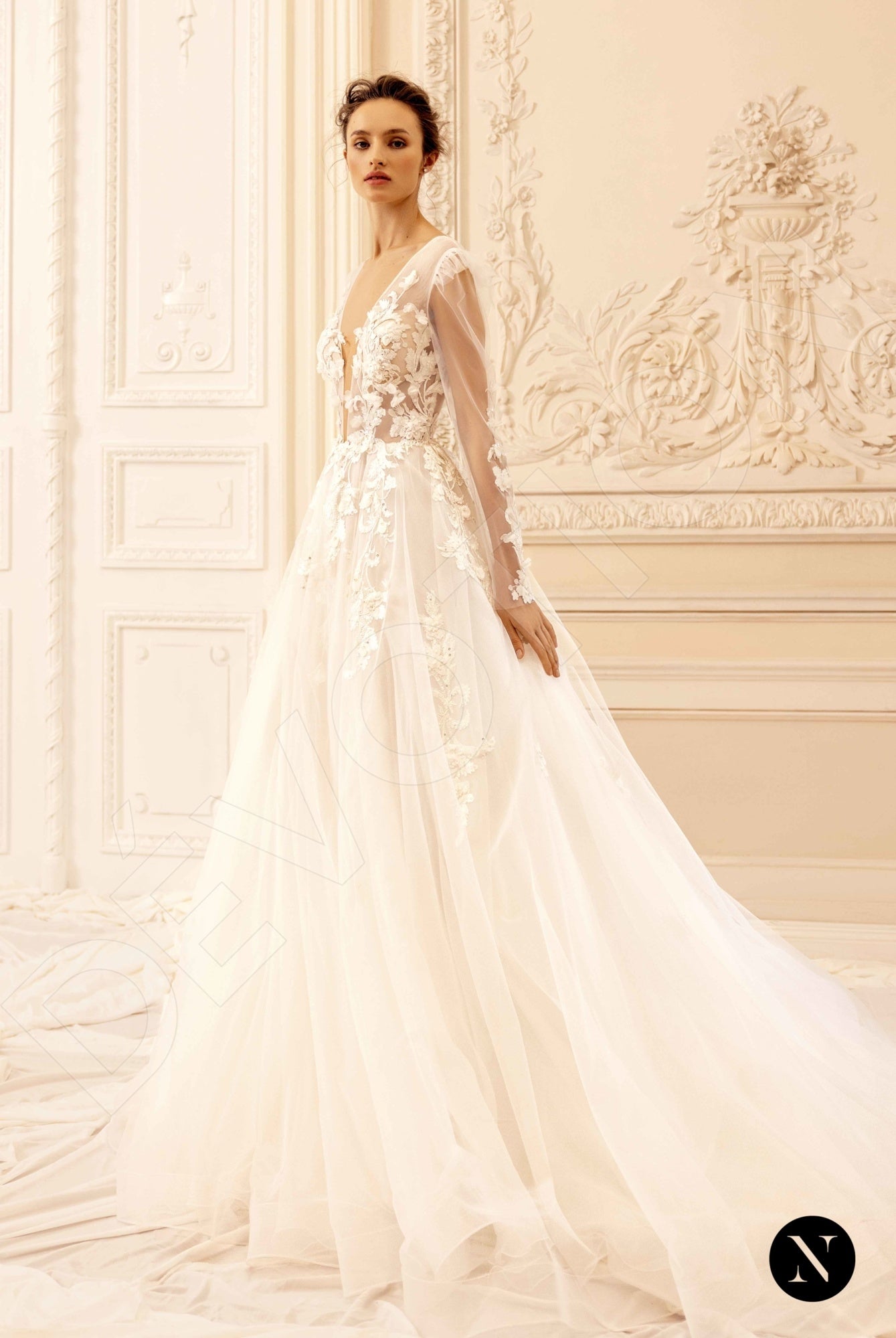 Mandys A-line Deep V-neck Ivory Nude Wedding dress