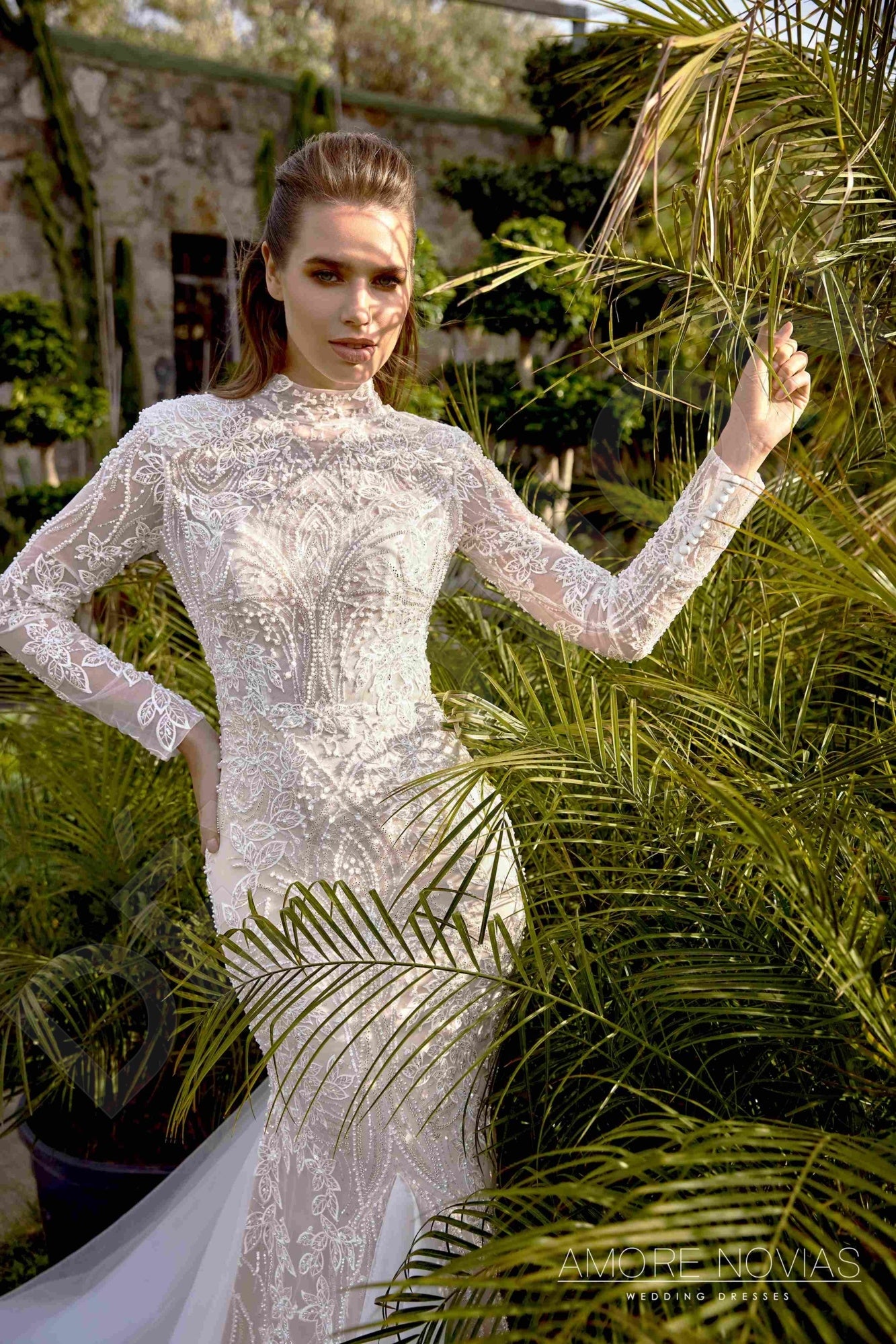 Lee Trumpet/Mermaid High neck Milk Nude Wedding dress