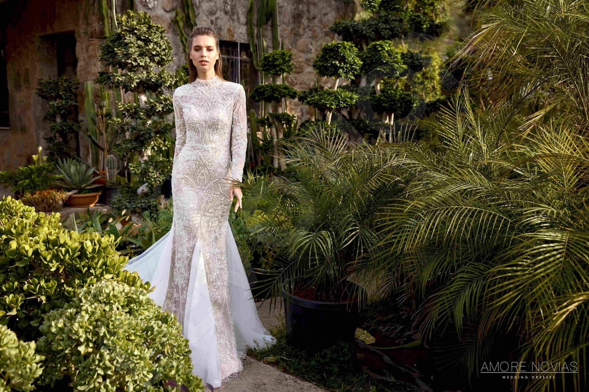 Lee Trumpet/Mermaid High neck Milk Nude Wedding dress