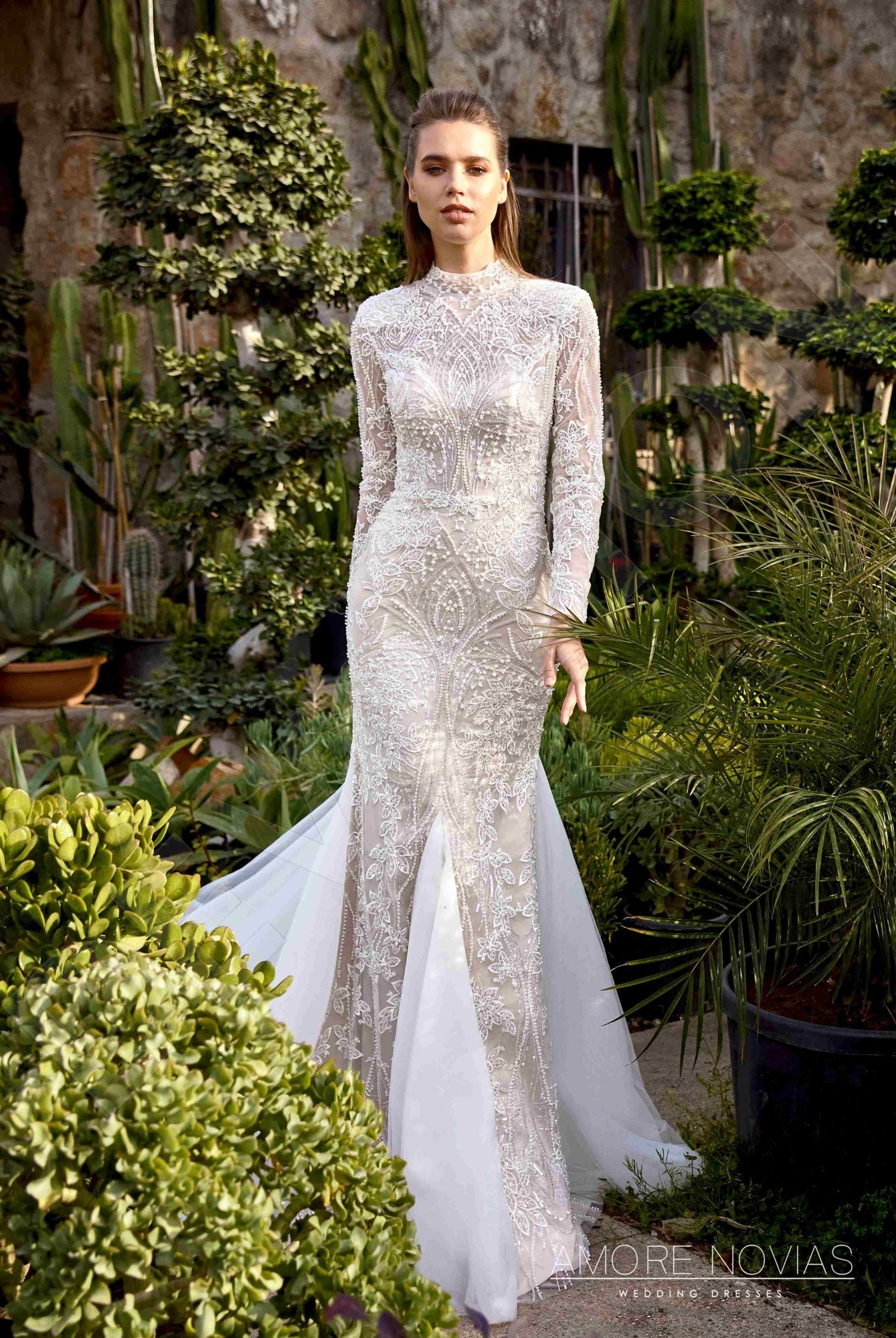 Lee Trumpet/Mermaid High neck Milk Nude Wedding dress