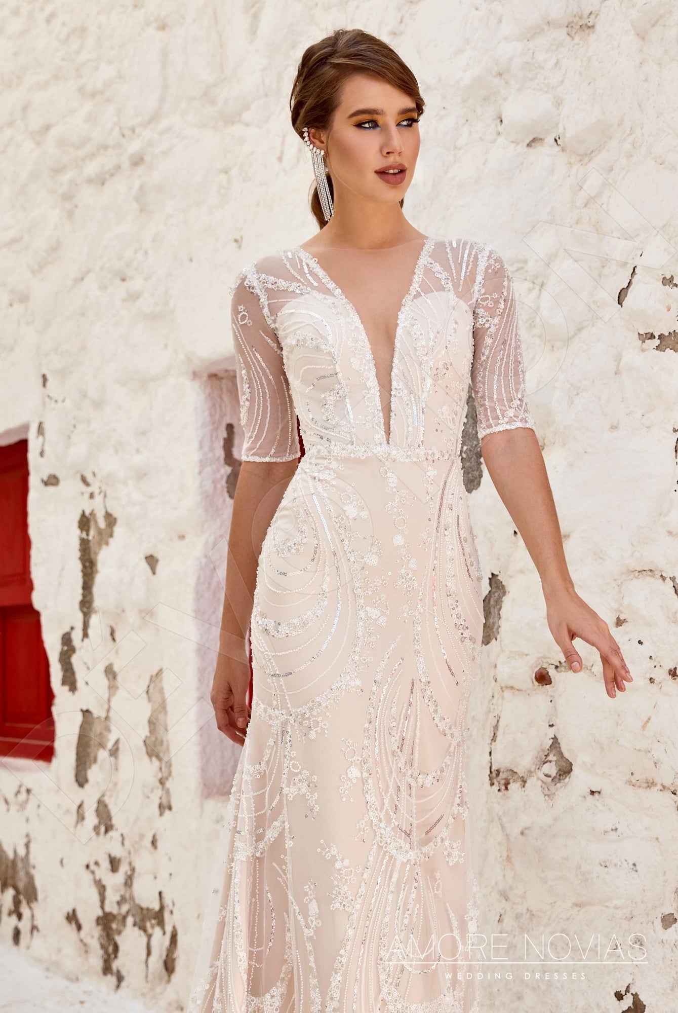 Rickie Trumpet/Mermaid Deep V-neck Milk Nude Wedding dress