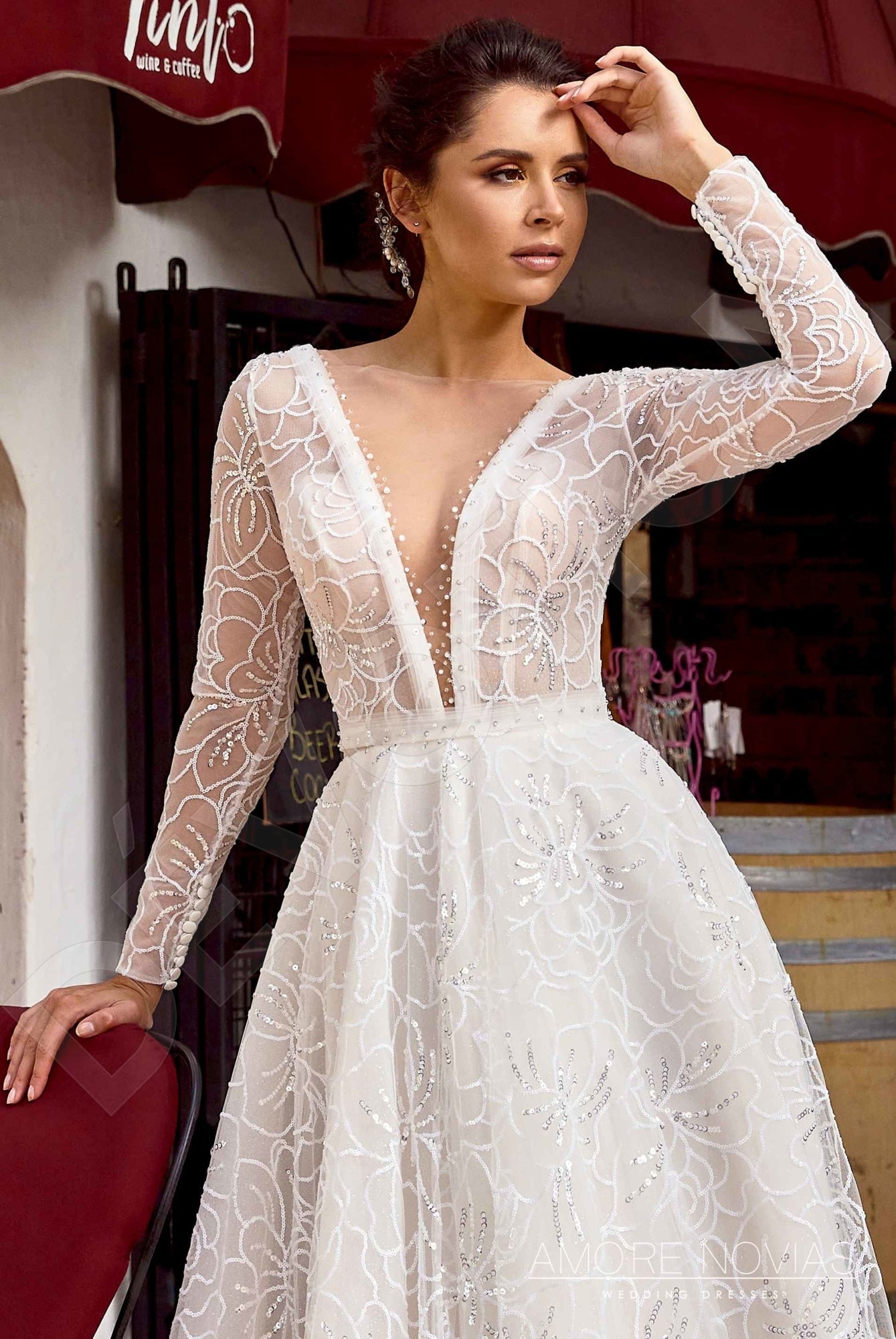 Joey A-line Deep V-neck Milk Blush Wedding dress