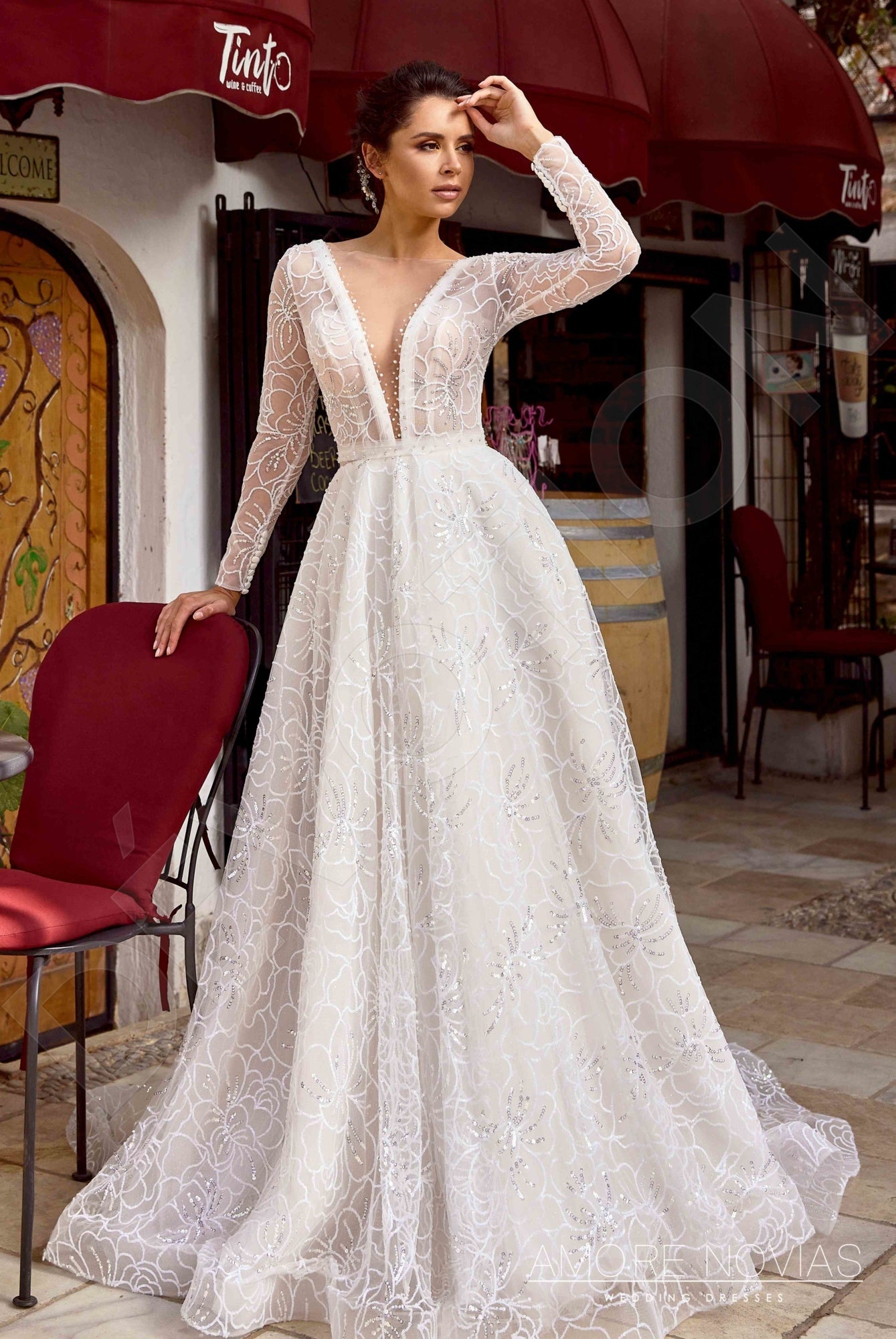 Joey Open back A-line Long sleeve Wedding Dress Front