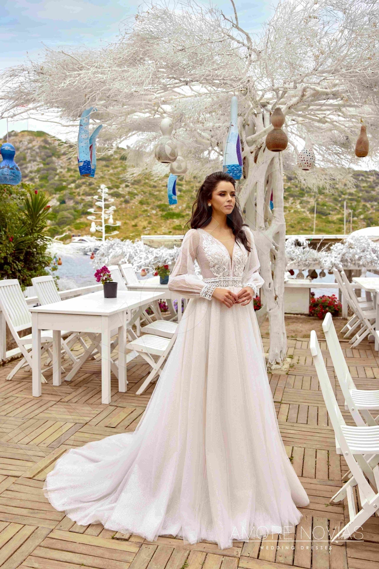 Maxa A-line Deep V-neck Milk Blush Wedding dress