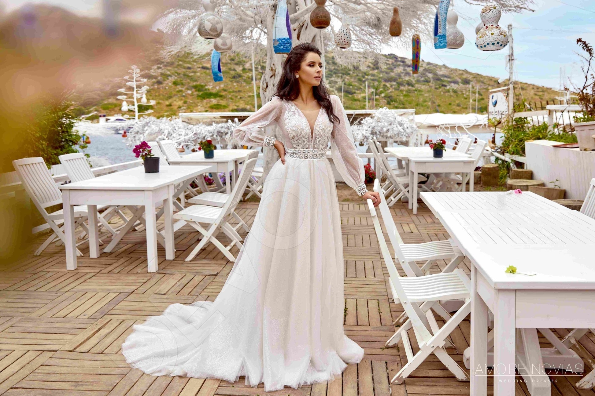 Maxa A-line Deep V-neck Milk Blush Wedding dress