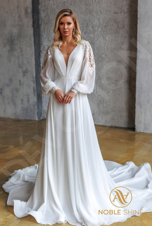 Dakey A-line Deep V-neck Milk Wedding dress