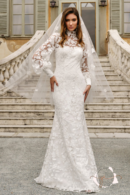 Aymora Trumpet/Mermaid High neck Milk Wedding dress