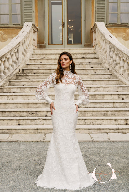Aymora Trumpet/Mermaid High neck Milk Wedding dress