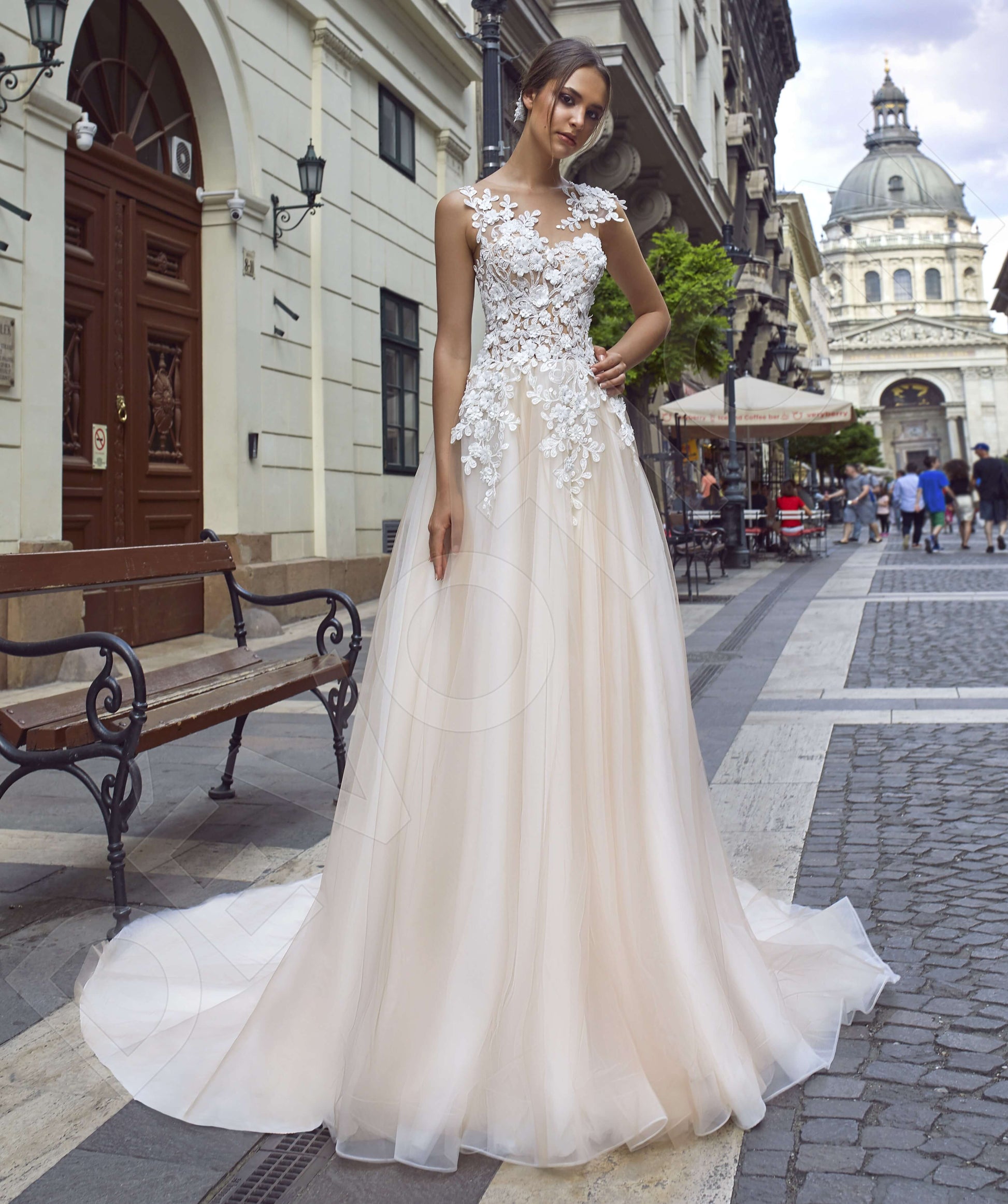 Farona A-line Illusion Powder Milk Wedding dress