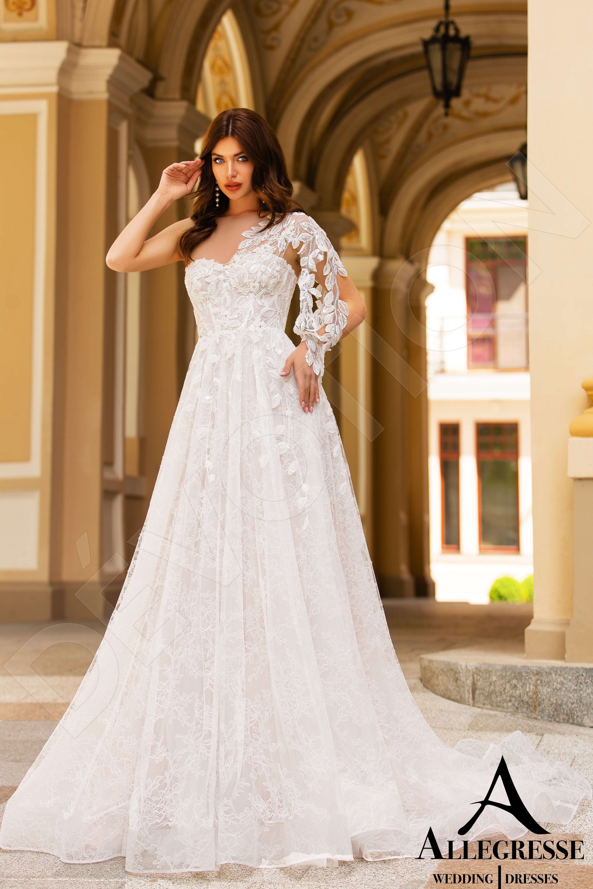 Dorianna A-line Asymmetric/One shoulder Milk Nude Wedding dress
