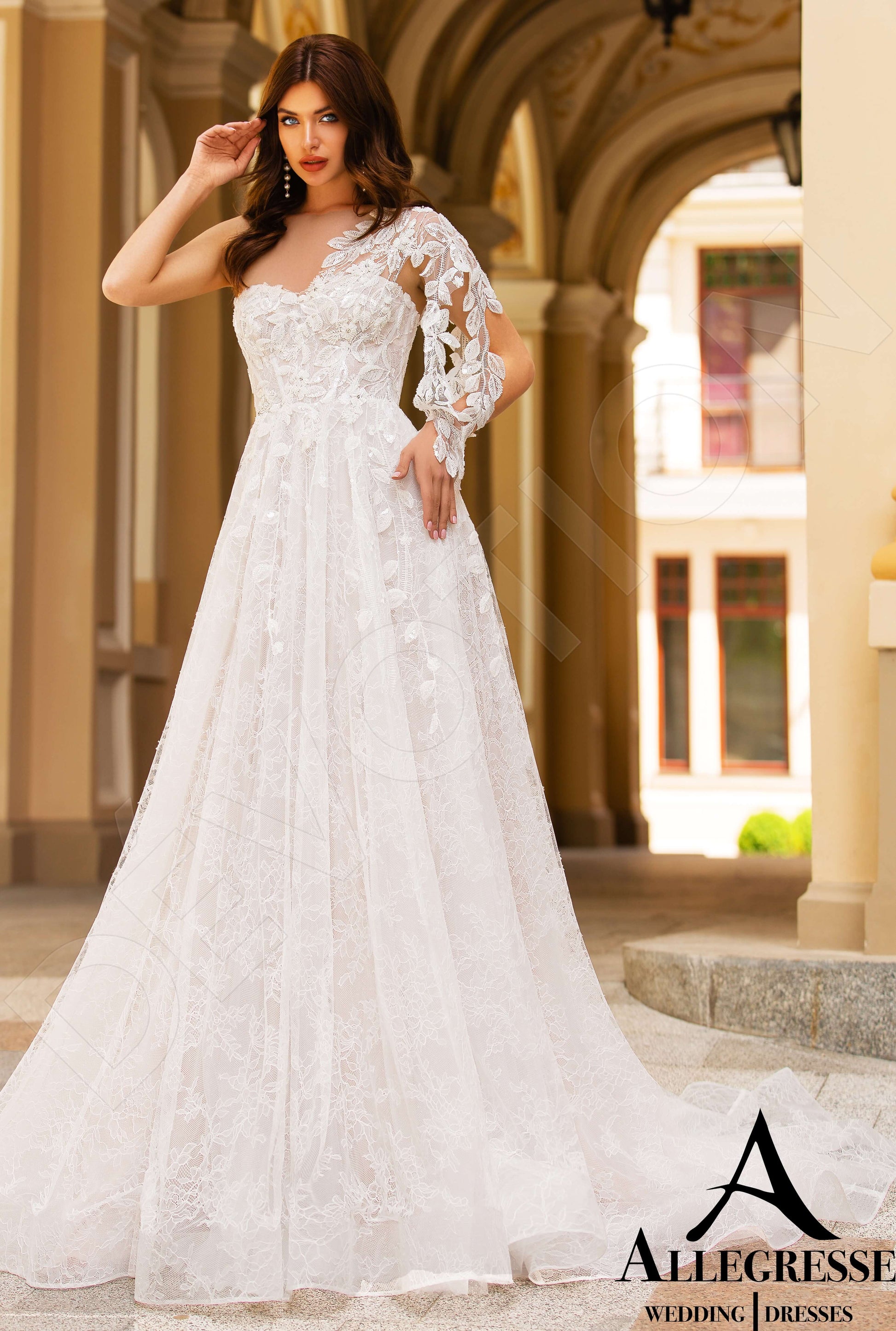 Dorianna A-line Asymmetric/One shoulder Milk Nude Wedding dress